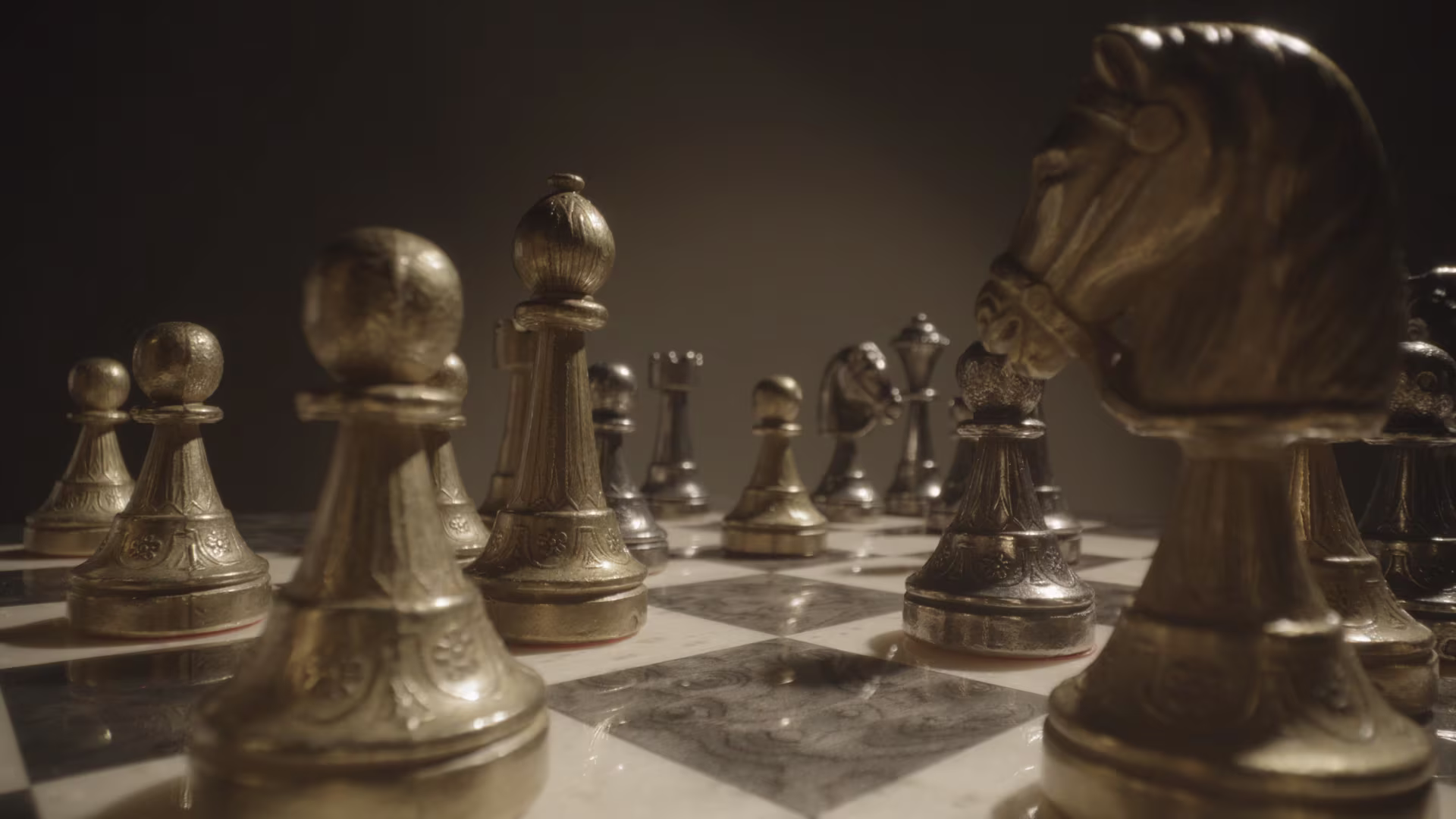 Chess pieces on a board,
         with a blurred background of a chess game in progress